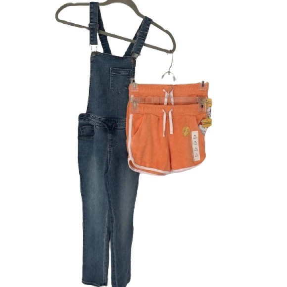 3 of NWT Cat&Jack Stretch Girls Blue Jean Overall, 2 Orange Shotrs, Sz M (7, 8) - Picture 1 of 16